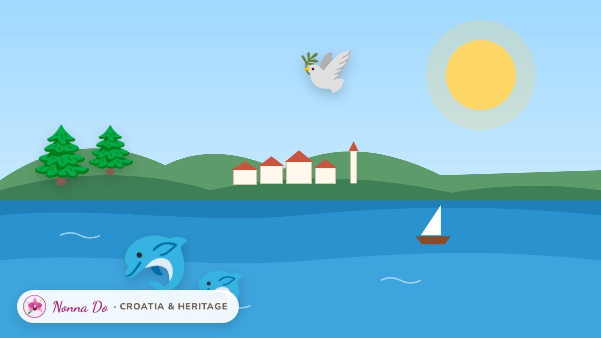 Illustration of the Lošinj coastline with dolphins